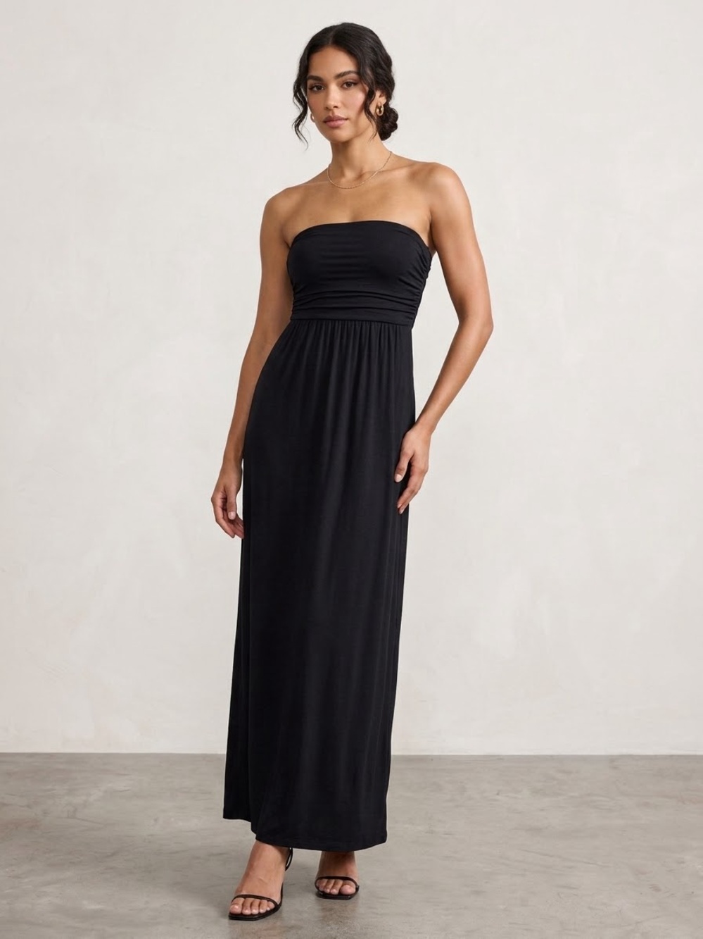 Frenzii Black Strapless Maxi Dress Tube Top Ruched Empire Waist Size S GUC